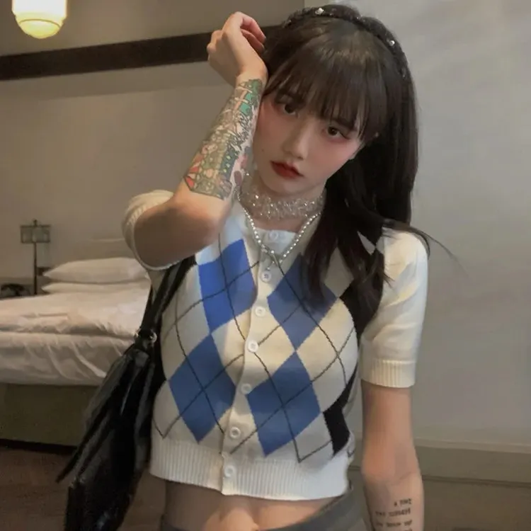 学院风复古菱格冰丝针织短袖上衣女夏季修身高腰短款针织开衫