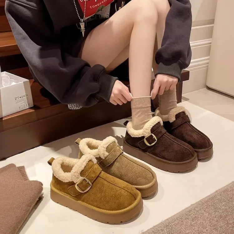 牛皮女鞋勃肯鞋女冬季加绒保暖厚底毛毛鞋加厚厚底棉鞋T91-1