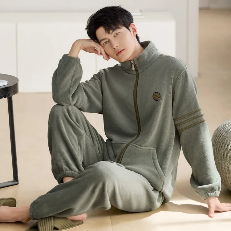 睡衣男款冬季加厚加绒冬款珊瑚绒法兰绒男冬天拉链牛奶绒短绒套装