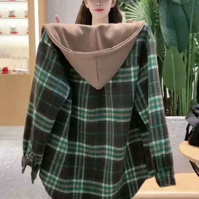 大码加绒磨毛格子衬衫女连帽上衣秋冬中长款宽松百搭衬衣加厚外套