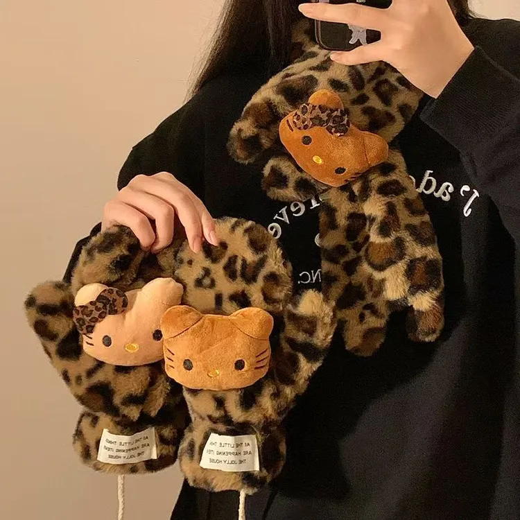 可爱豹纹kt猫咪毛绒保暖手套女冬季保暖加绒加厚防护手套