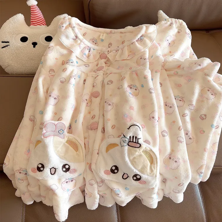 睡衣女秋冬季法兰绒可爱开开熊刺绣冬天珊瑚绒加厚加绒少女家居服