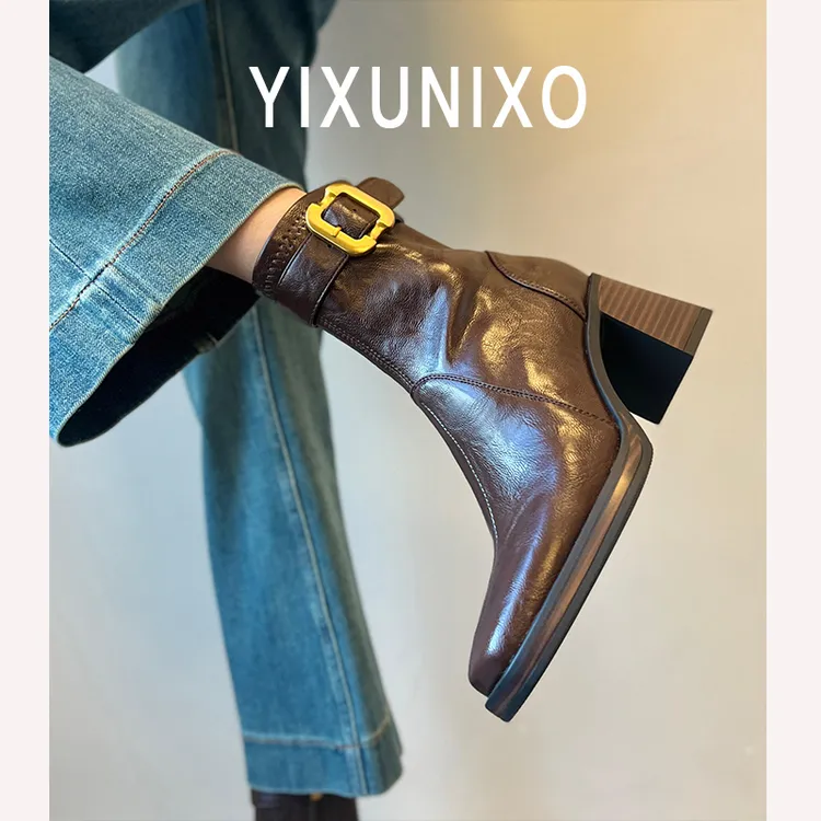 羊皮版~静音底方头高跟短靴女轻奢粗跟瘦瘦靴百搭显瘦新款马丁靴