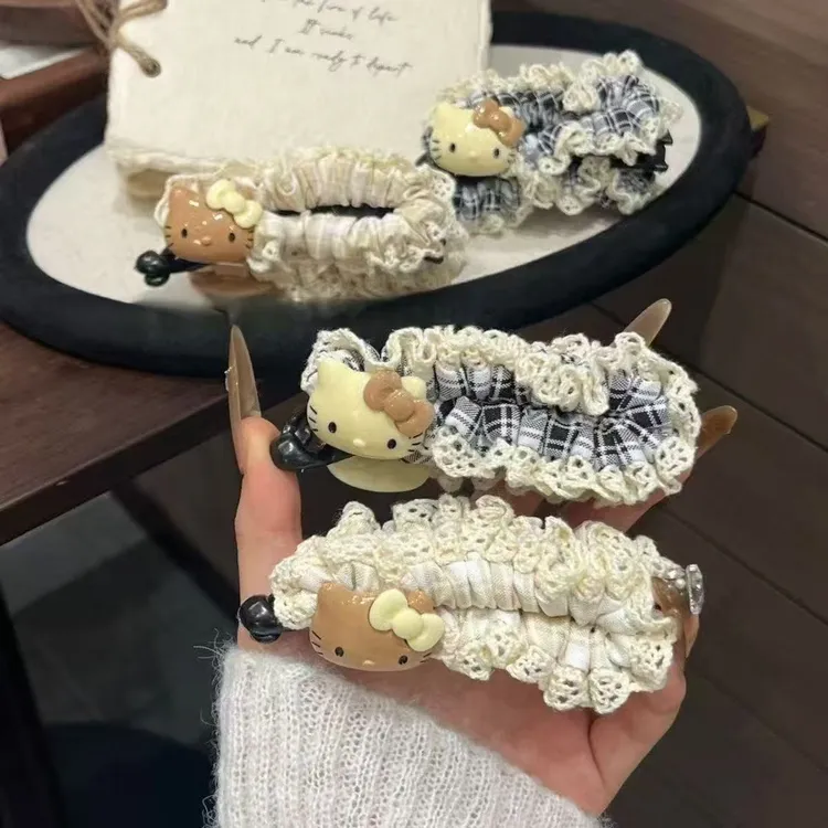 甜美蕾丝花边黑皮猫咪香蕉夹少女马尾发夹ins可爱发饰2025新款