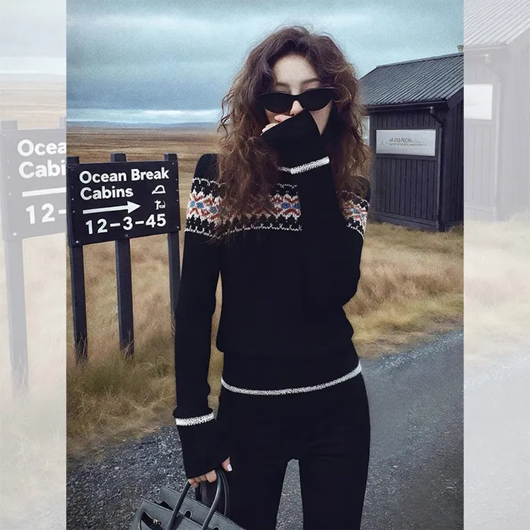 别致独特漂亮黑色针织小衫内搭费尔岛毛衣女秋冬洋气百搭打底上衣