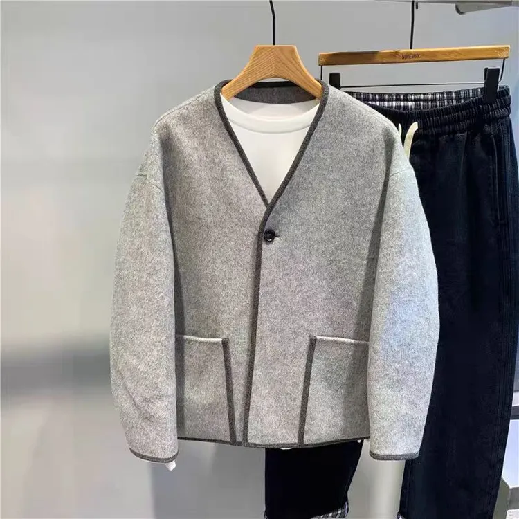 小香风毛呢外套男短款2025秋冬新款小个子圆领宽松羊毛呢子西装潮