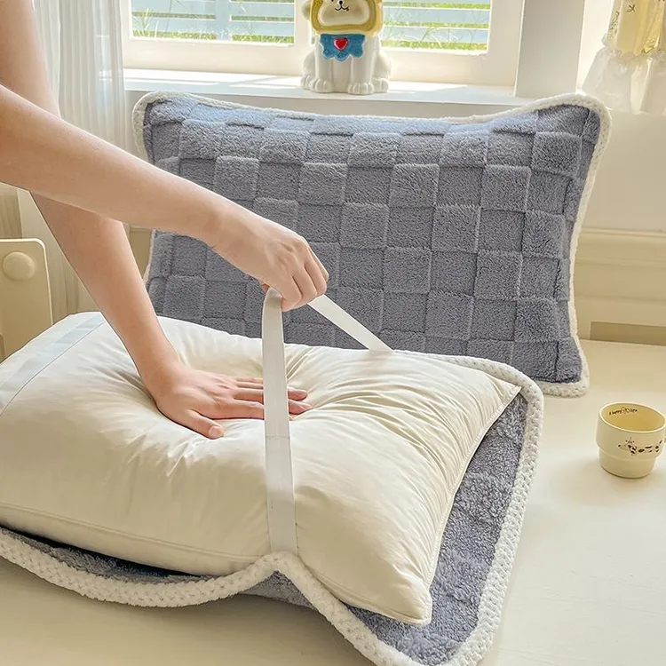 枕巾一对牛奶绒枕巾绑带款塔芙绒枕巾透气亲肤家用情侣枕头巾jn