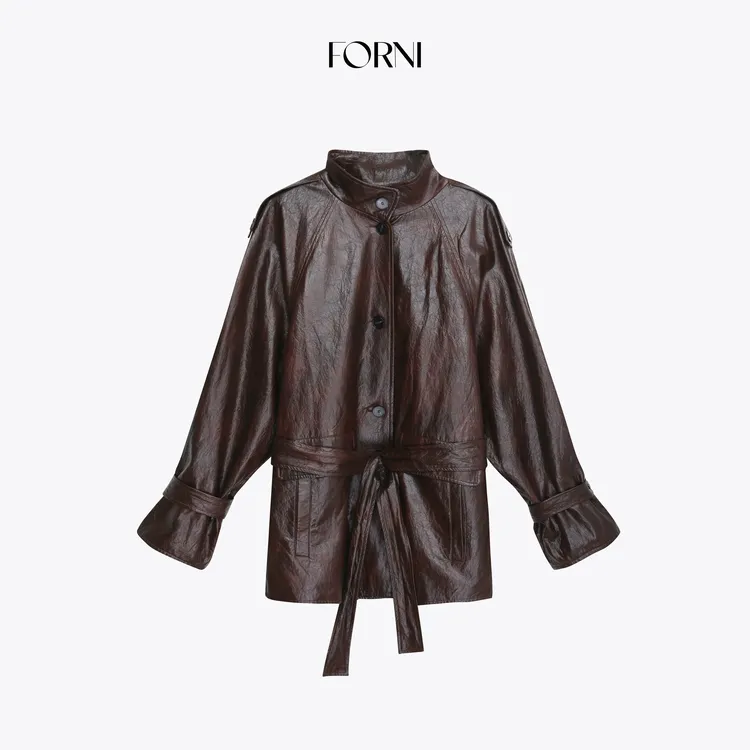 FORNI 马提尼 重工擦色做旧褶皱感PU皮廓形立领皮衣外套