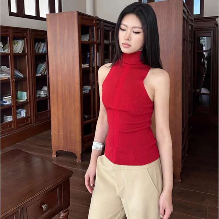 高级感气质红色高领针织吊带背心女款夏季内搭打底辣妹外穿上衣潮