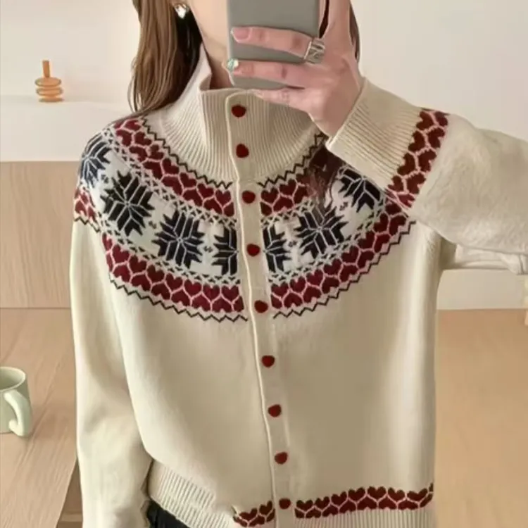 【白色】网红费尔岛复古提花半高领韩系开衫外套气质减龄时尚A42