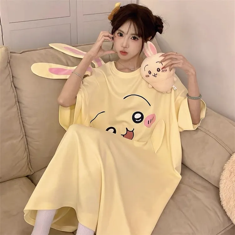 CHIIKAWA乌萨奇睡裙女夏季长款短袖纯棉加大码胖mm宽松学生家居裙