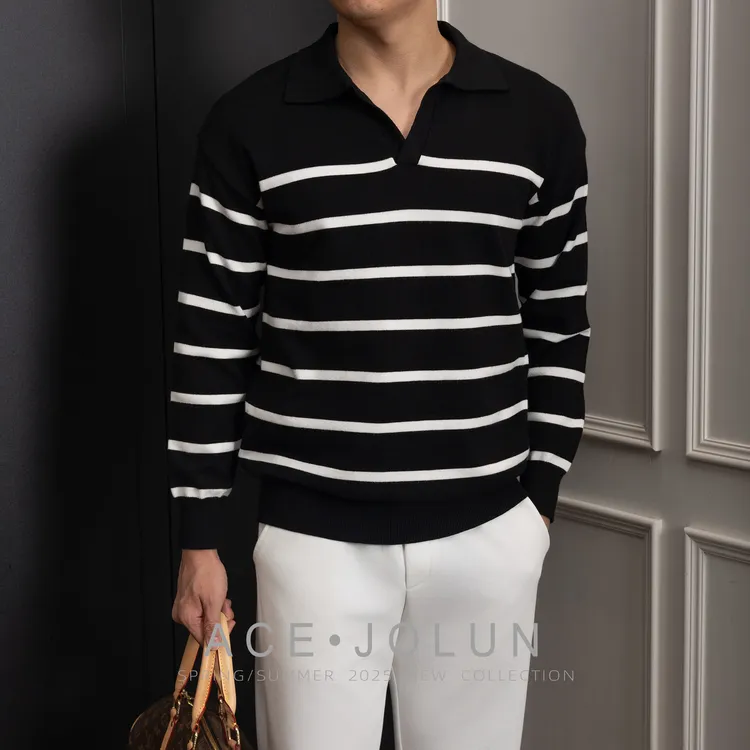 【斑马纹】秋冬新贵针织衫长袖男士轻奢老钱风设计感POLO领打底毛衣