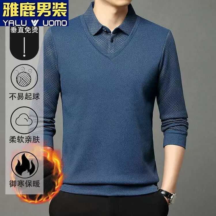 雅鹿男装加绒加厚毛衣冬季新款男士上衣商务休闲假两件针织衫9958