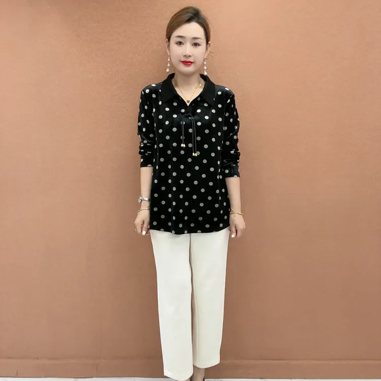 中老年女装显瘦百搭半开领波点厚款大码金丝绒宽松型妈妈装秋季