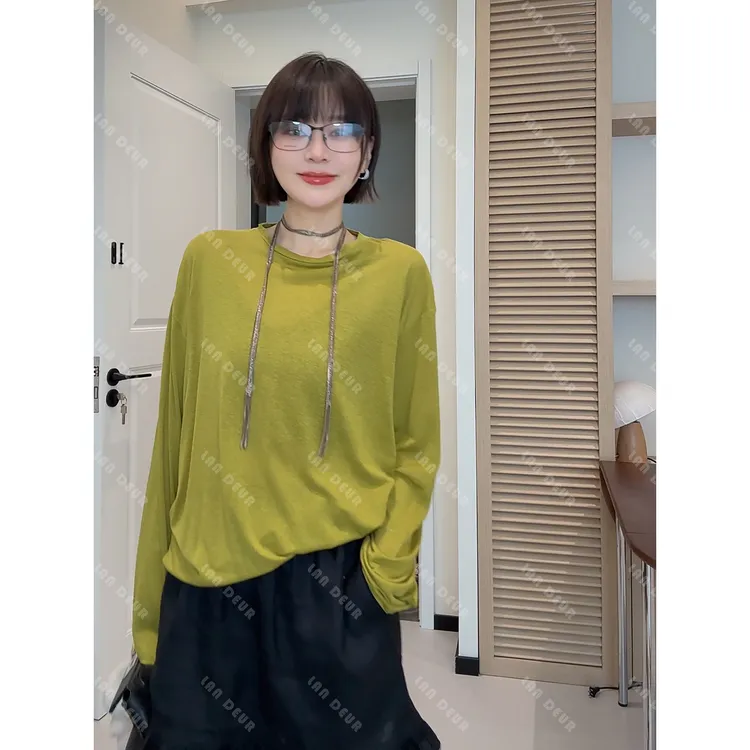 JIUJIU【青柠T】莱赛尔亚麻韩系简约舒适百搭圆领纯色长袖打底T恤