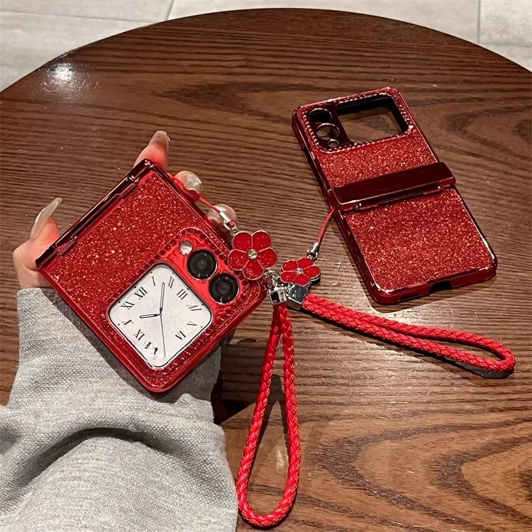 适用华为NovaFlip手机壳折叠屏镶钻中国红闪粉山茶花手绳女保护套