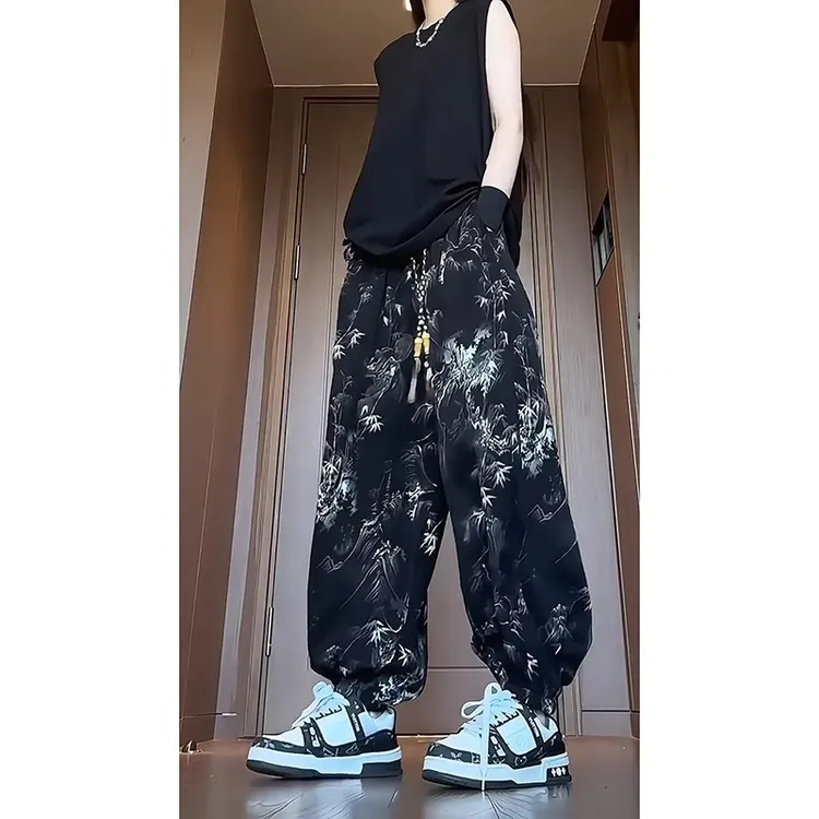 新中式国风冰丝裤子男夏季宽松水墨扎染灯笼裤春秋大码哈伦萝卜裤