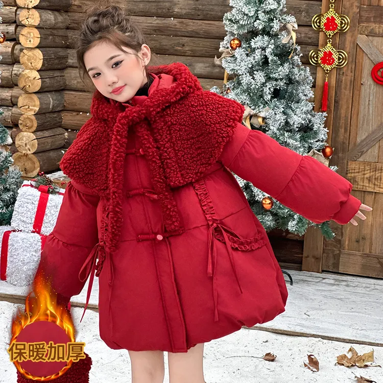 女童红色棉服冬装2025新款儿童时尚加厚牛角扣外套女孩本命年衣服