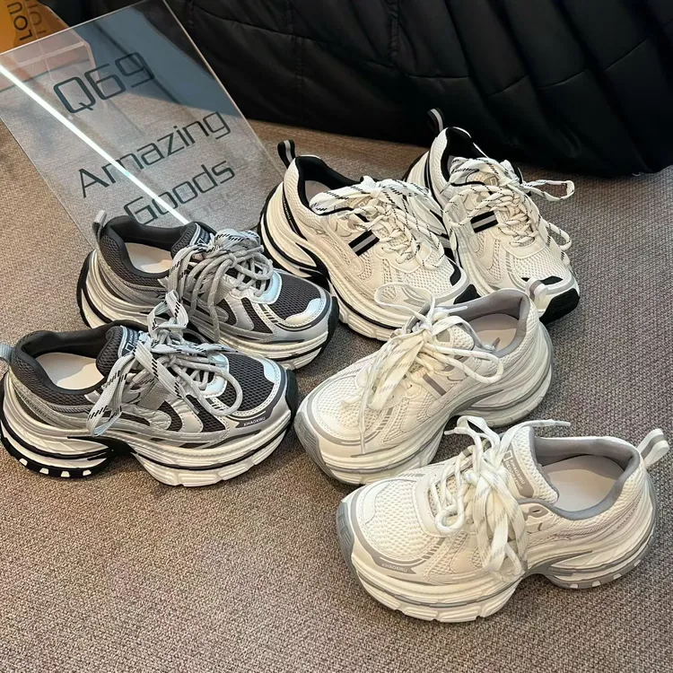 广州欧货【猫儿眼】2026春季新款绑带潮流拼色7cm厚底老爹鞋韩版