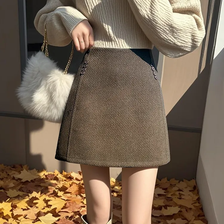 咖色毛呢西装半身裙女秋冬季2025新款小个子高腰显瘦a字包臀短裙