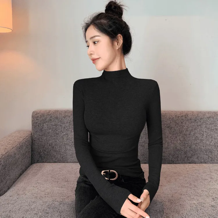 拉夏贝尔秋冬半高领螺纹棉修身长袖打底衫内搭外穿紧身t恤气质女