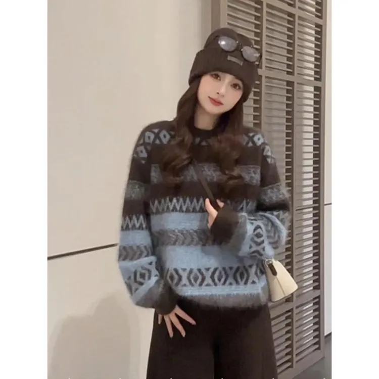 北欧复古菱格费尔岛毛衣女秋冬宽松慵懒高级感加厚内搭打底针织衫