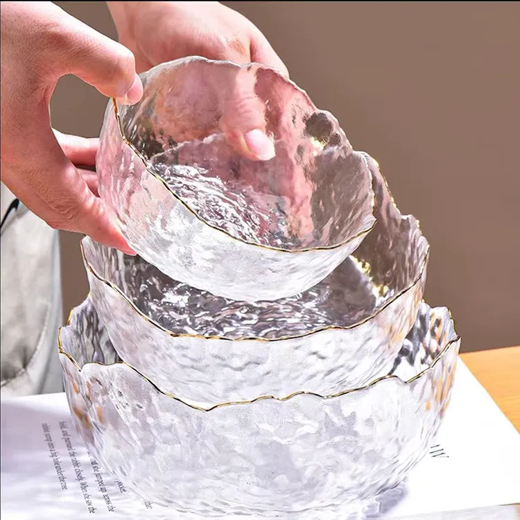 锤纹玻璃碗沙拉碗碟纯色创意北欧风餐具甜品碗家用透明冰川碗ins