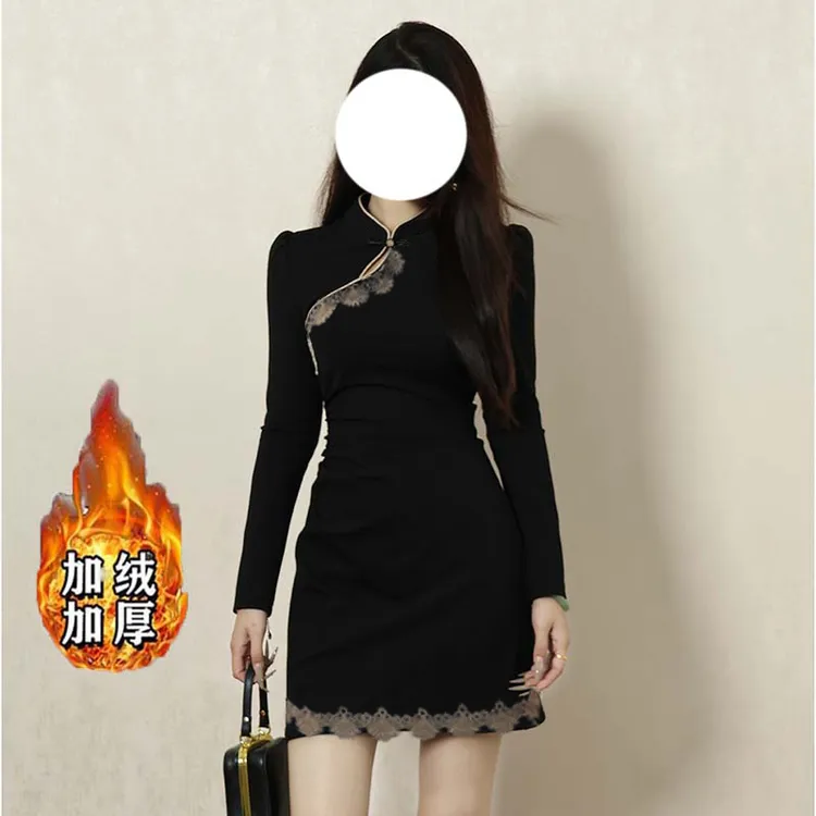 【常规/加绒】新中式收腰显瘦连衣裙女秋冬高级感小黑裙D4135