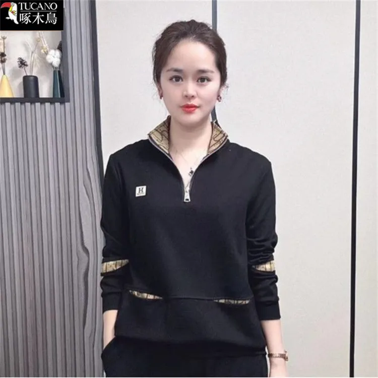啄木鸟2025年新款翻领套头上衣秋季长袖显瘦运动卫衣女中年妈妈装