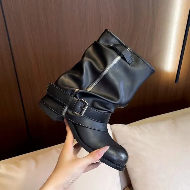 超火复古擦色褶皱堆堆短靴2025秋冬新款粗跟短筒马丁靴西部裤管靴