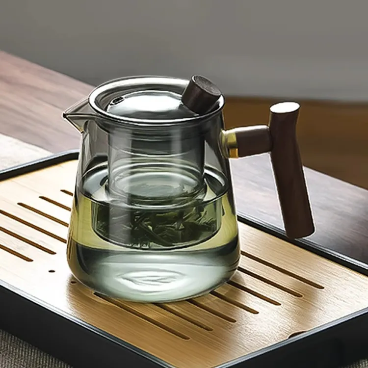 玻璃泡茶壶耐热加厚耐高温小花茶壶过滤茶水分离泡茶家用单壶木把