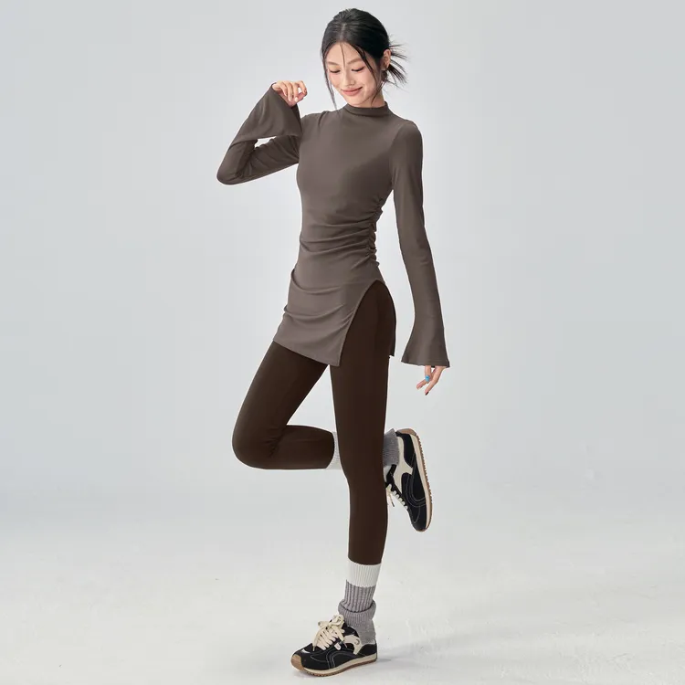 秋冬紫色瑜伽服女开叉收腰微喇袖运动长袖修身遮臀显瘦弹力健身衣