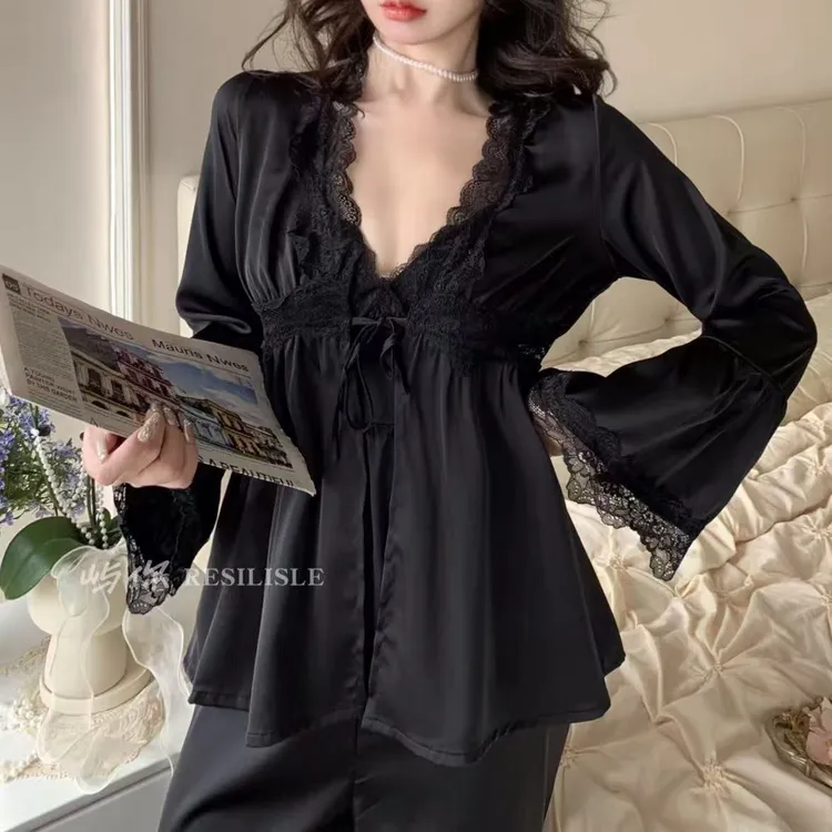 【星落浅湾】(80-135)赵露思同款秋季吊带长裤法式蕾丝三件套家居服