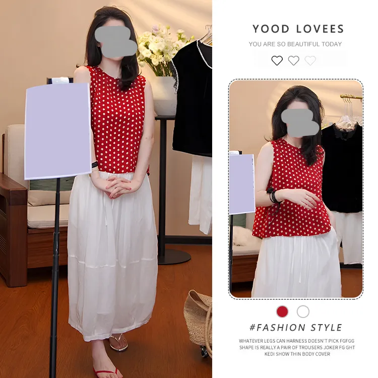 设计感气质复古波点无袖马甲背心长裙套装女夏季新款显瘦两件套