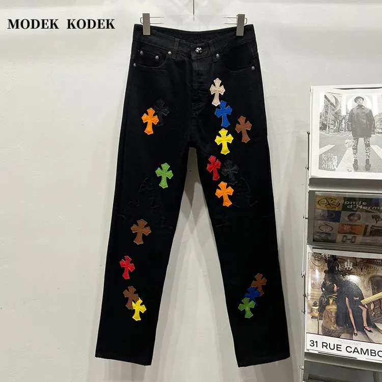 MODEK KODEK夏季新款男贴皮十字架牛仔裤高级感潮牌时尚水洗长裤