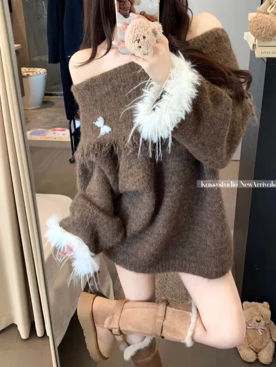 高级感棕色蝴蝶结一字肩毛衣女2025秋冬韩系氛围感宽松慵懒风上衣