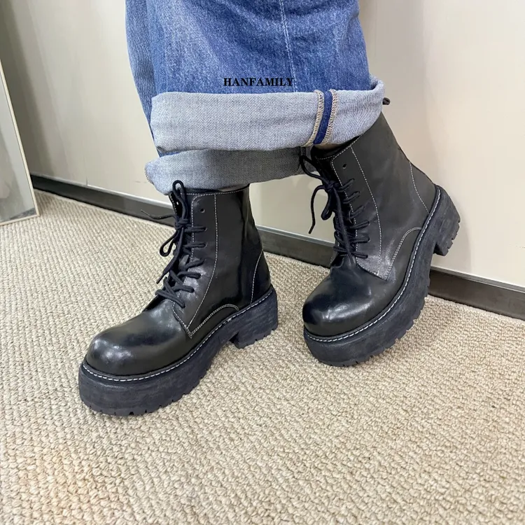 HAN FAMILY/大汉之家复古系带马丁靴厚底短靴圆头女士冬季中跟
