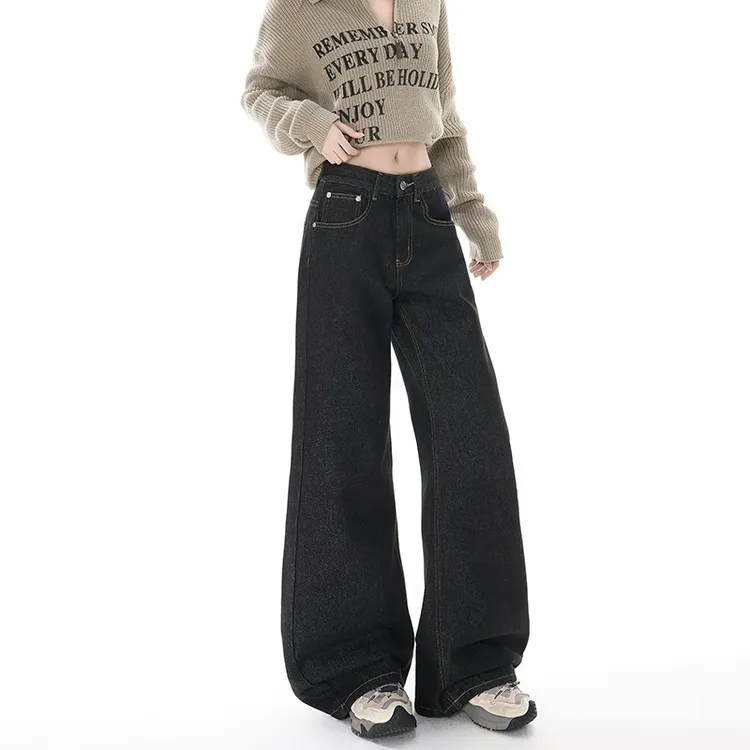 黑色微喇牛仔裤女2025春秋新款美式复古宽松显瘦收腰阔腿拖地长裤