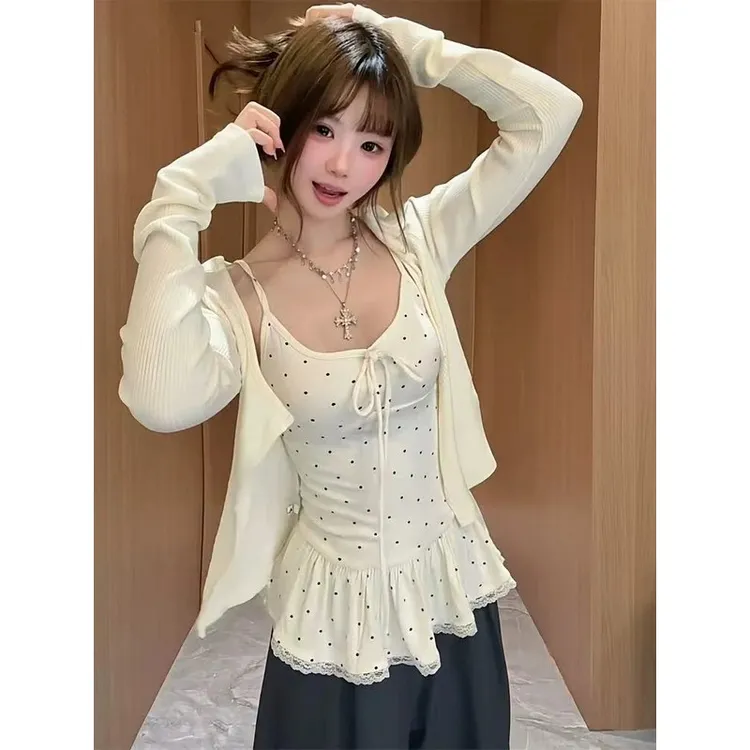 大码胖mm早秋甜辣蕾丝波点荷叶边吊带背心女长袖开衫上衣两件套装