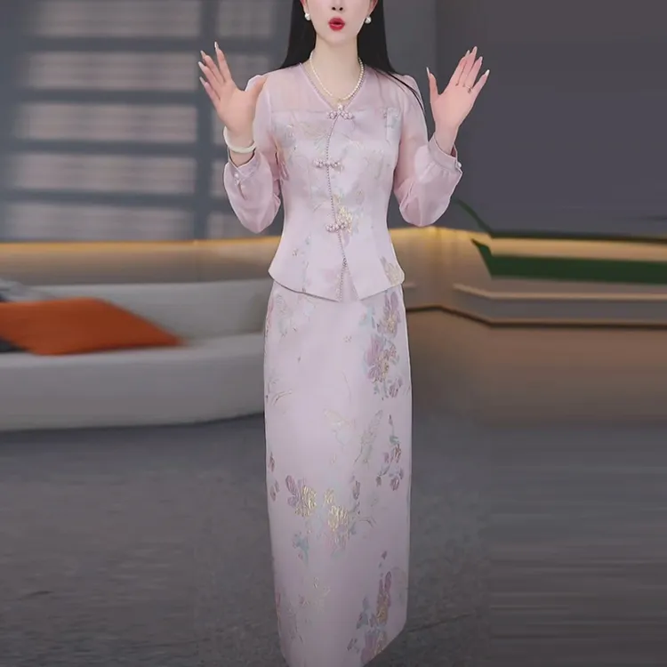 花罗缎新中式国风套装裙2025春季新款时尚长袖气质两件套连衣裙子