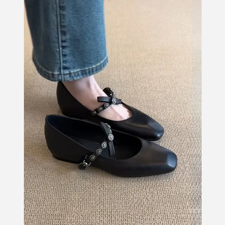 超软小羊皮法式单鞋女平底蝴蝶结浅口芭蕾鞋子小方头复古玛丽珍鞋