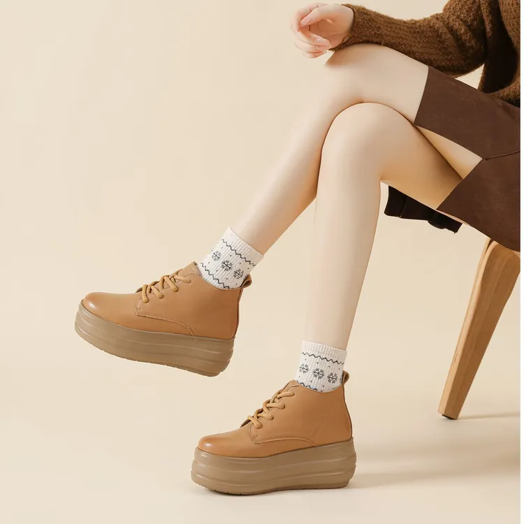 纯皮高帮厚底松糕鞋小个子8厘米马丁靴女春秋单靴33码增高大黄靴