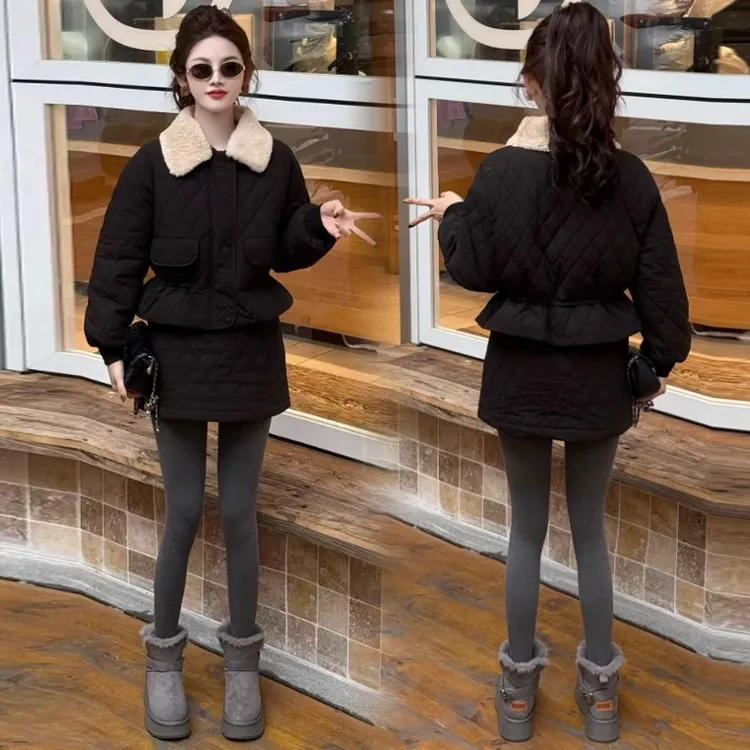 小香风棉服套装女2025冬季新款洋气加厚收腰棉衣外套半身裙两件套