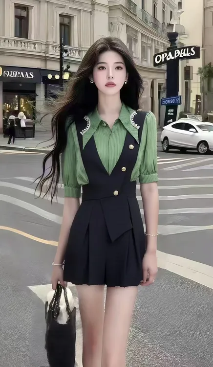 时尚休闲通勤风绿色条纹衬衫上衣+黑色高腰背带短裤女显瘦两件套
