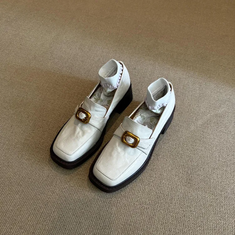 羊皮版~新款法式复古高跟乐福鞋女真皮粗跟金属扣小皮鞋浅口单鞋