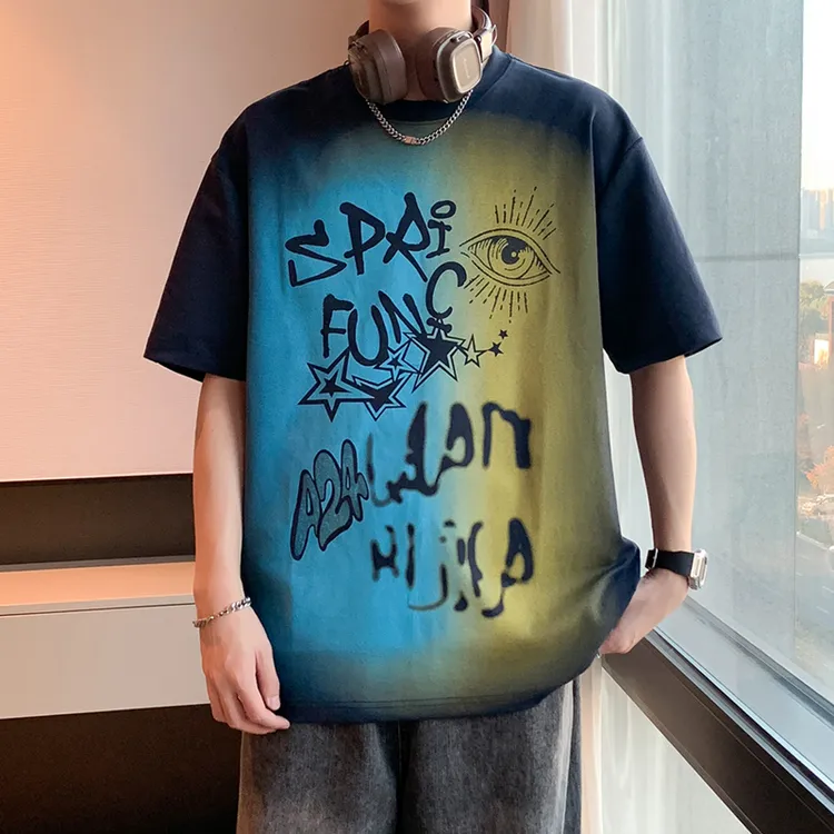 印花短袖男士夏季港风短袖T恤百搭嘻哈港风休闲国潮宽松潮流ins