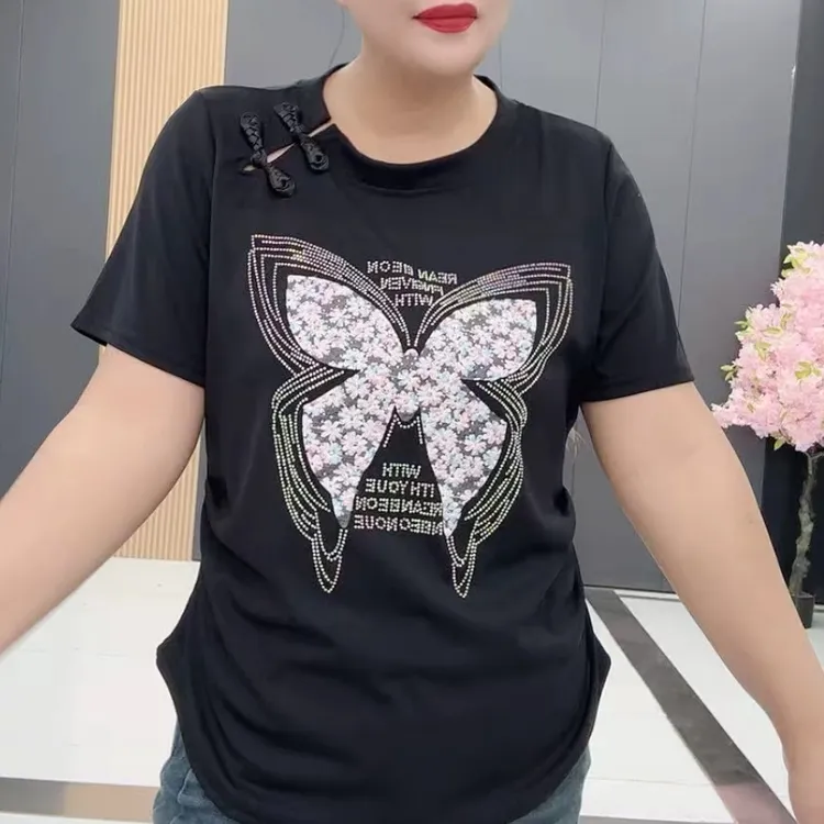 梦梦家8346款时尚洋气休闲盘扣钻蝴蝶半袖衫