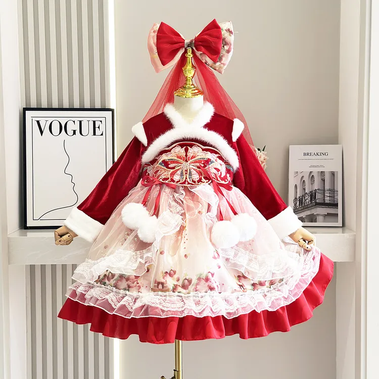 女童丝绒加厚中国风刺绣洛丽塔公主裙冬季新款小女孩女孩拜年服装