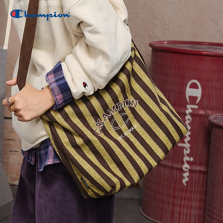 Champion双面帆布包女2025冬季新款时尚潮流条纹单肩包百搭斜挎包