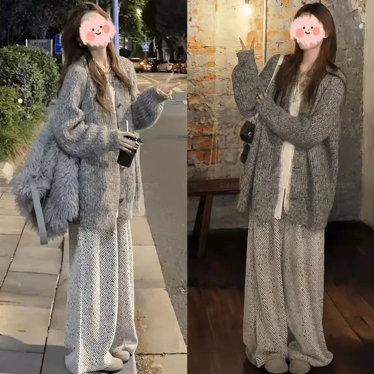 2025早秋新款极简设计感时尚毛衣外套女上衣休闲阔腿裤两件套装女
